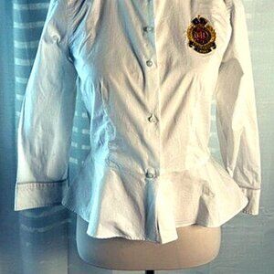 Lauren Ralph Lauren 6P White Peplum 3/4 Sleeve Button Down Embroidered Crest
